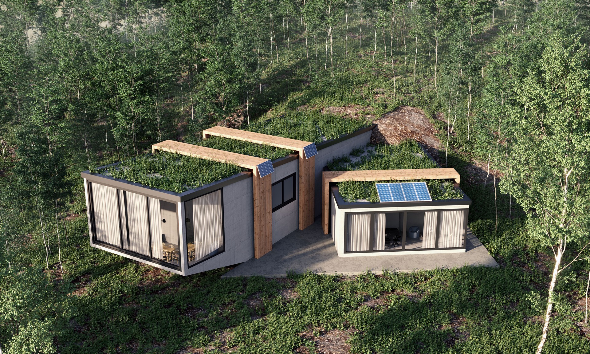 Modern house with solar panels and green roof